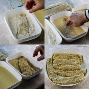 Dredging the fish in flour, egg and bread crumbs.