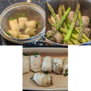 Small pieces of fish and asparagus steaming.