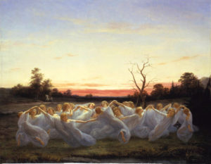 Älvors dancing in a clearing, by Nils Blommér [Public domain].