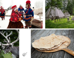 Images of Traditional Sami dress, a Sami camp, Mr reindeer & Tunnbröd.