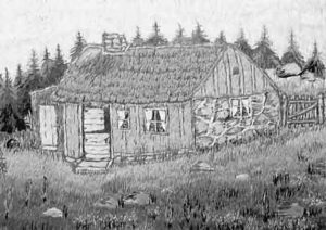 A old painting by Birgit Norling depicting a Swedish back cottage or farmhouse of the mid 1800s.