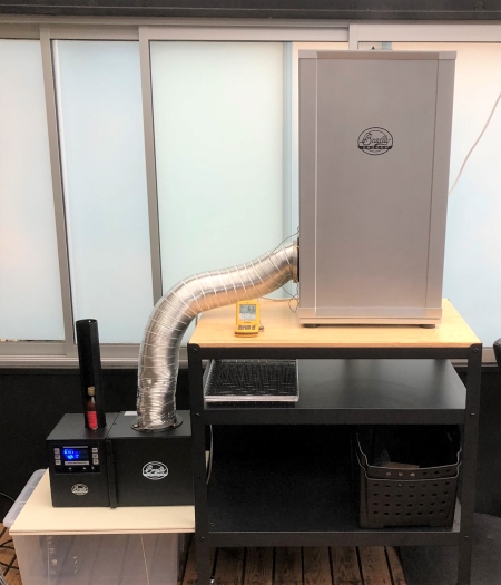 Bradley smoker with cold smoking attachment. Bradley smoker with cold smoking attachment.