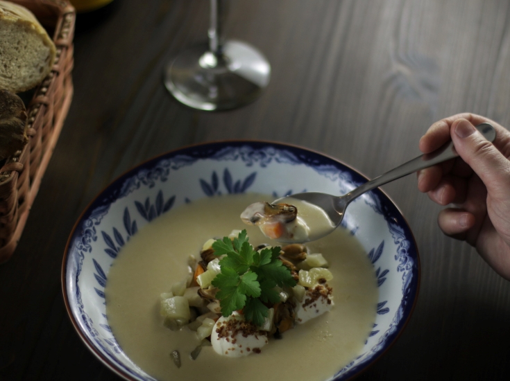 Tasting the mussel soup. Tasting the mussel soup.