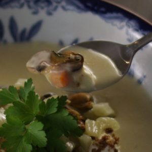 Tasting the mussel soup with smoked fresh cheese and sautéed fennel. Tasting the mussel soup with smoked fresh cheese and sautéed fennel.